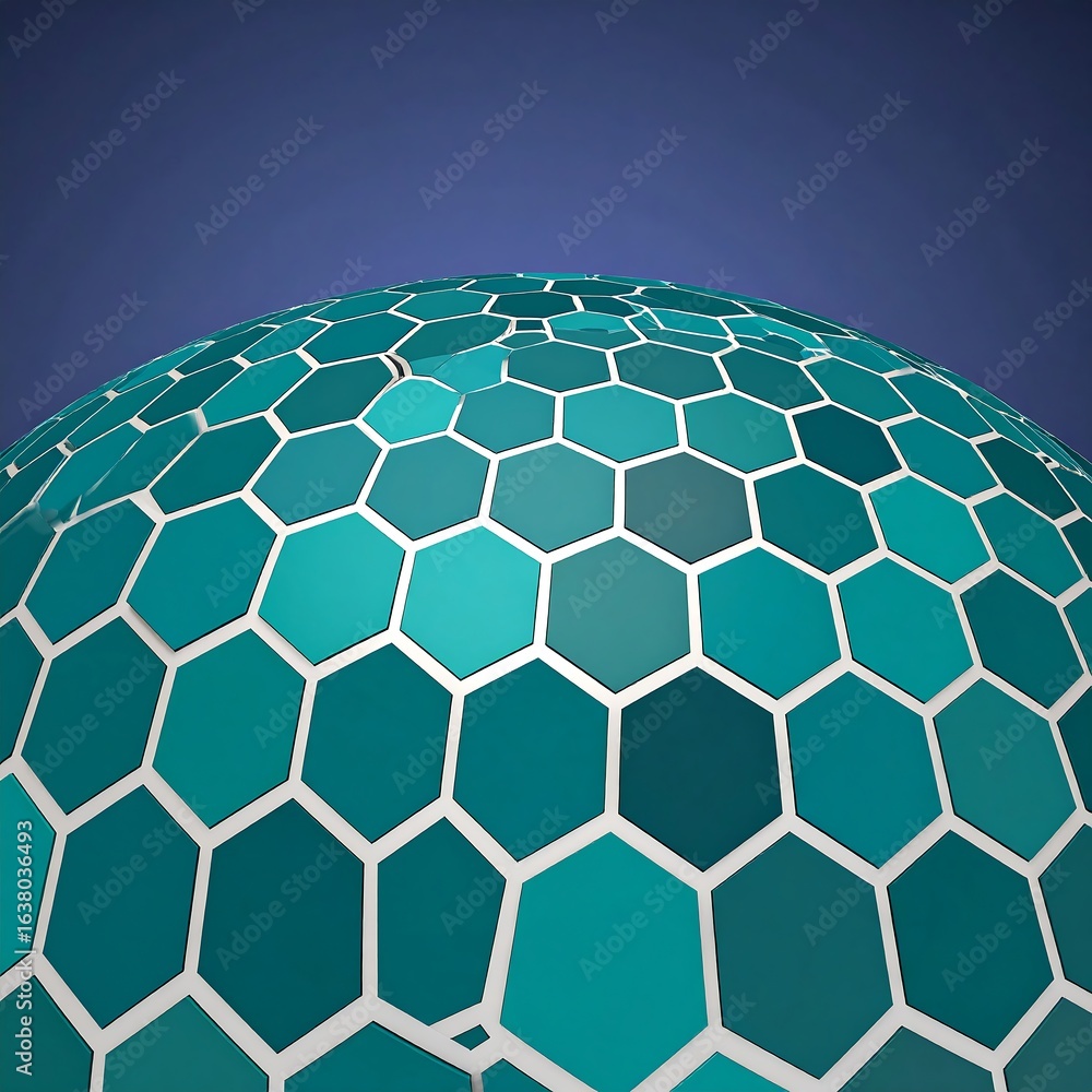 Fototapete abstract hexagonal pattern sphere with shades of teal and gradient blue backdrop for design