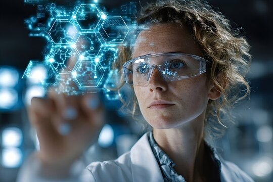 Female scientist wearing safety glasses uses holographic interface with data, working in a modern laboratory with digital analysis and innovative technology