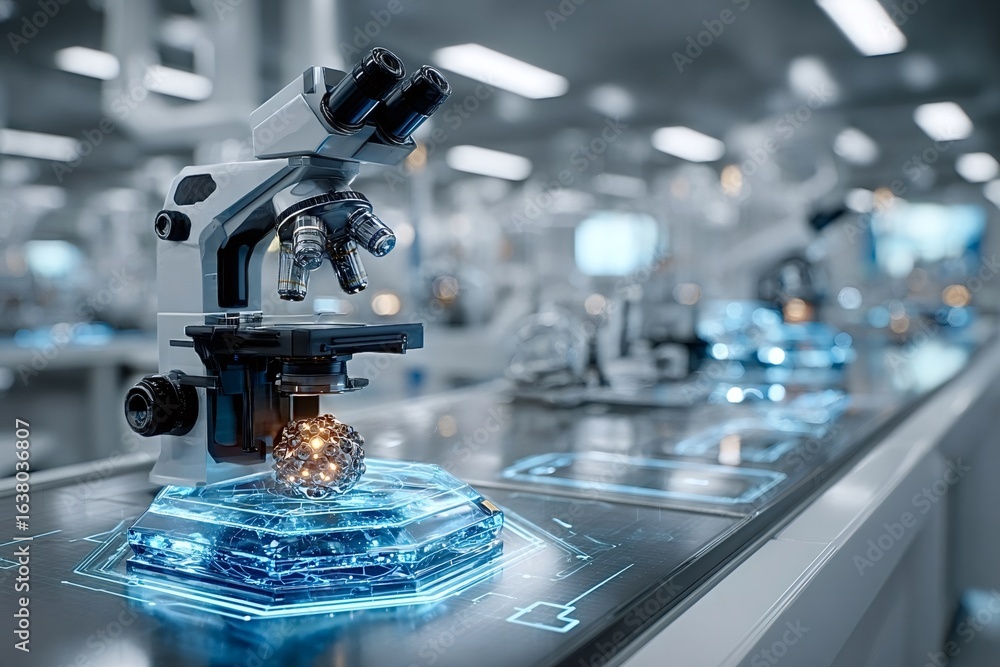 Poster high tech microscope is examining a virus particle on a futuristic lab table with holographic projec