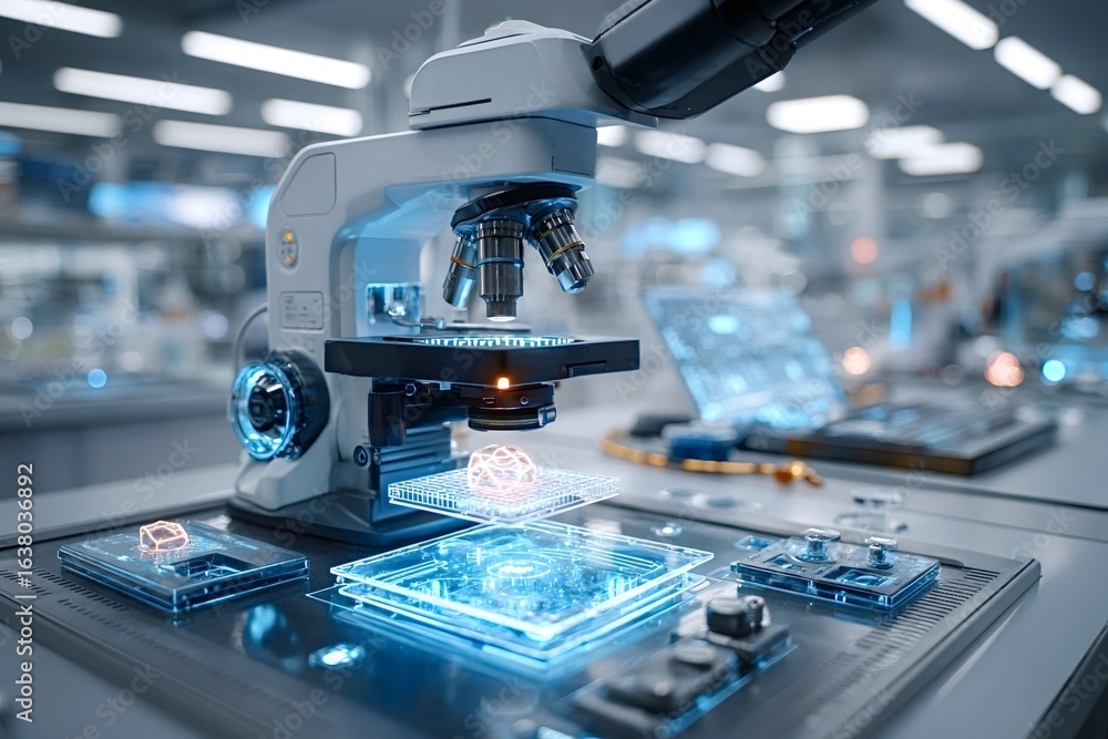 Poster modern microscope is analyzing samples with futuristic hologram interface in a laboratory, showcasin