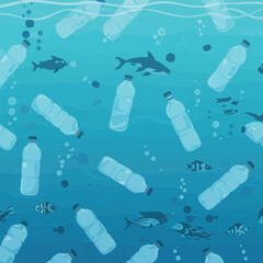 Illustration depicting plastic bottles polluting the ocean, with marine life swimming.
