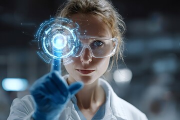 Female scientist wearing protective glasses and gloves manipulating a futuristic holographic interface in a cutting edge laboratory, engaging in innovative research and advanced experimentation
