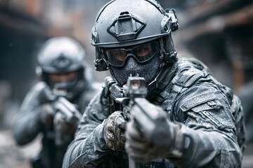 Members of an elite tactical unit wearing balaclavas and aiming their rifles during a rainy urban operation, demonstrating preparedness and precision