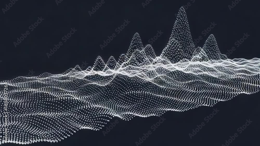 Poster a mesmerizing digital landscape composed of countless white dots, forming dynamic waves and sharp pe