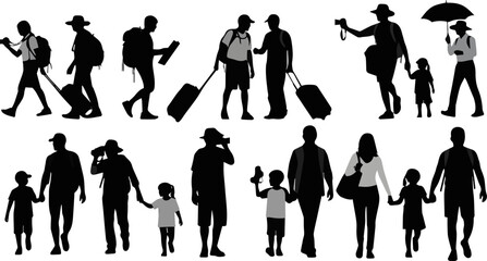 Create a kinds of deferent  people, woman, business, silhouettes, illustration, men, family, walking, vector art with white background.