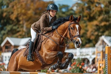 Obraz premium Young female equestrian gracefully clearing a fence during a show jumping competition, demonstrating expertise and athleticism in equestrian sport