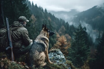 Hunter with rifle resting on a rocky cliff edge, accompanied by a loyal german shepherd dog, gazing at the breathtaking vista of a misty valley and forested mountains