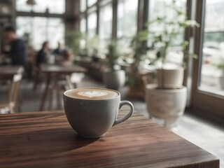 Ceramic Coffee Cup with Latte Art in Cozy Modern Caf&eacute; &ndash; Warm Scandinavian Interior with Natural Light (AI Generated)