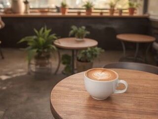 Ceramic Coffee Cup with Latte Art in Cozy Modern Caf&eacute; &ndash; Warm Scandinavian Interior with Natural Light (AI Generated)