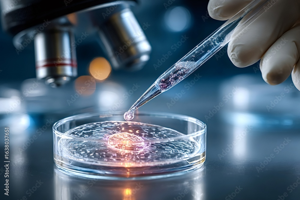 Poster gloved hand using pipette dropping liquid on petri dish with microscope in background in laboratory 