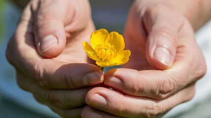 A close-up photograph of cupped hands holding a single yellow flower, with soft light and a gentle tone

