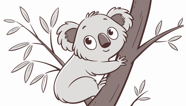 Adorable cartoon-style koala holding a tree branch on a white background. Minimalistic vector illustration concept of wildlife and nature
