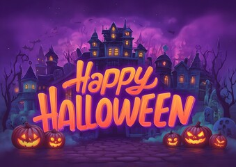 Spooky haunted castle illuminated by moonlight with glowing jack o lanterns and happy halloween text