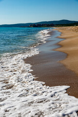 Seascape with beach, waves, foam and empty blue sky