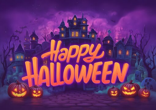 Spooky haunted castle illuminated by moonlight with glowing jack o lanterns and happy halloween text - Powered by Adobe