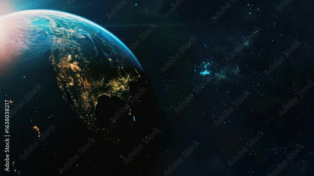 Wall mural this shows earth from space, with the moon and stars visible against a distant galaxy. it represents