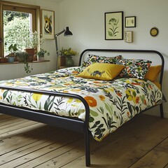 A well decorated bedroom with floral bedding and wooden floors