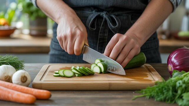 Close-up of a person's hands chopping zucchini on a cutting board, with fresh carrots and other vegetables on the side

