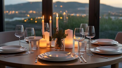 A photorealistic dinner table with elegant plates, wine glasses, and lit candles, with a city view at night

