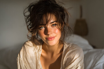 Morning of beautiful young woman in pajamas sitting on bed