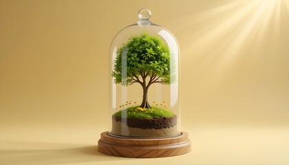 A tree inside a glass dome on a wooden base with sunlight shining on a beige colored background