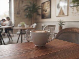 Ceramic Coffee Cup with Latte Art in Cozy Modern Caf&eacute; &ndash; Warm Scandinavian Interior with Natural Light (AI Generated)