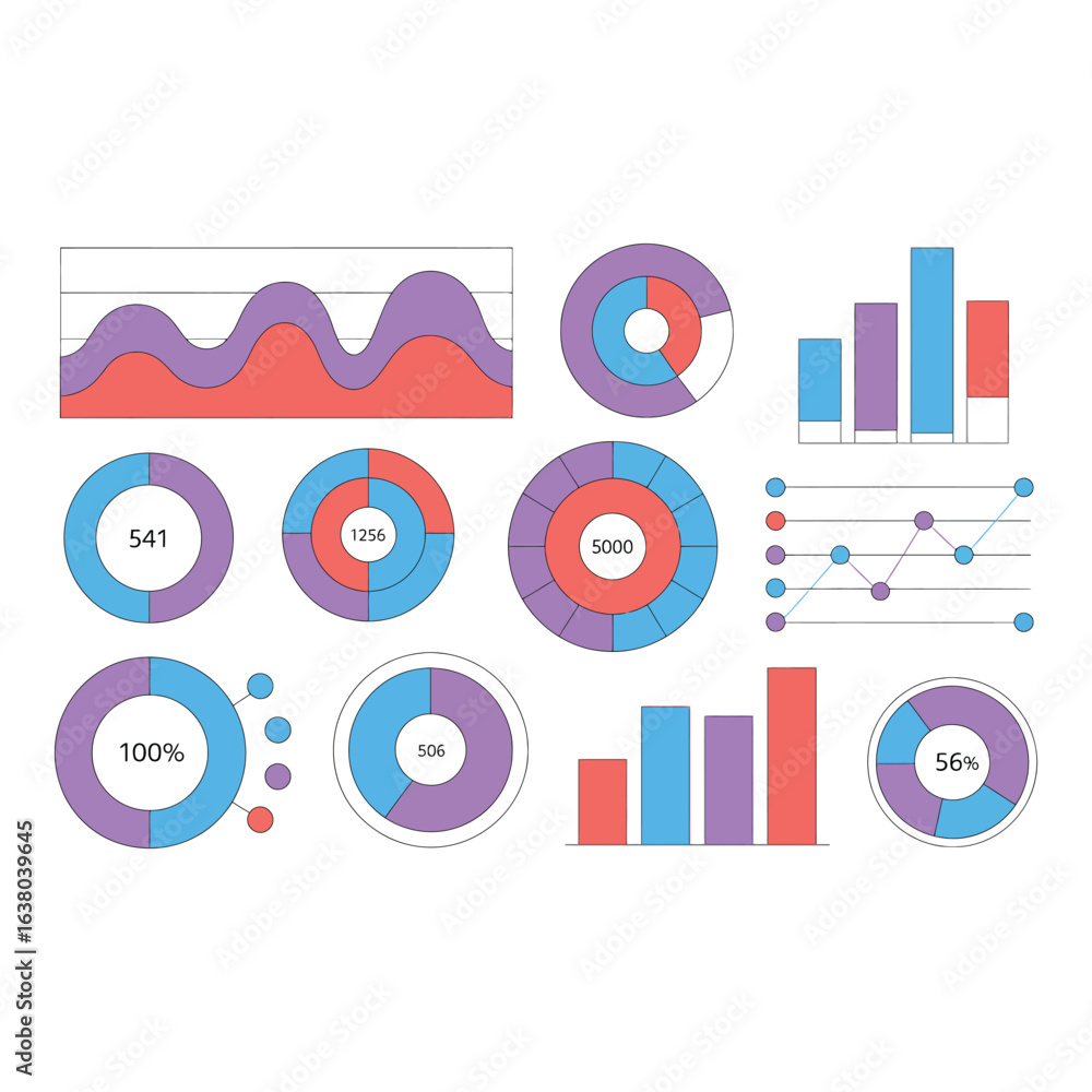 Poster Set of various data charts and graphs on white background