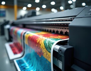 Industrial large format inkjet printer producing vibrant colorful prints on various media like fabric, PVC, paper. High-speed technology for creating billboards, posters, banners, graphics with sharp