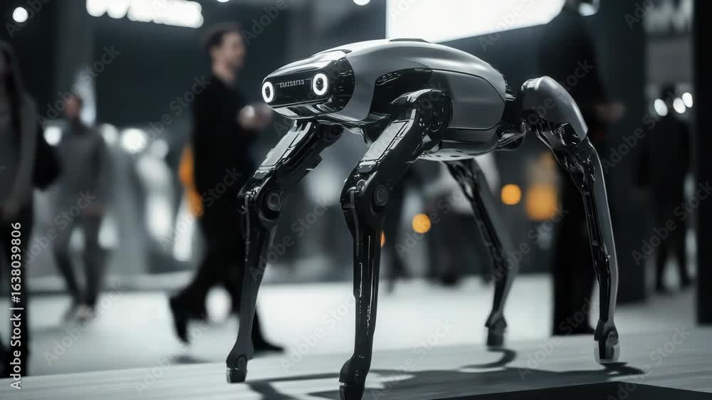 Aufkleber a futuristic robotic spider on display, featuring complex mechanisms and advanced technology.