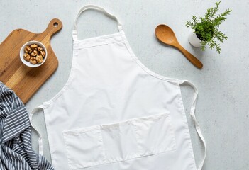 White apron and kitchen essentials laid out for home cooking and baking preparation.