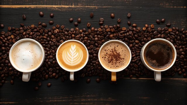 Four cups of coffee in a row showing different stages of preparation and coffee beans