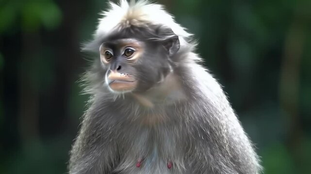 Close-up portrait of a Dusky Leaf Monkey with grey fur and light head hair in a natural forest environment
