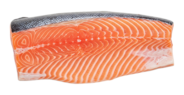 Fresh salmon fillet with visible skin and orange flesh isolated on transparent background - Powered by Adobe