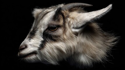 Close-up profile of a young goat with intricate markings against a black background.  The goat's fur is a mix of white, gray, and black, showcasing a detailed are also visible