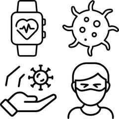 This icon set depicts health and safety measures including a smartwatch with a heart rate, a virus illustration, hand hygiene, and a person wearing a mask.