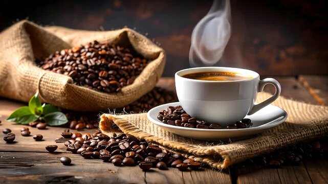 Steaming Coffee Cup  Roasted Beans Aromatic Morning Delight on Rustic Table.