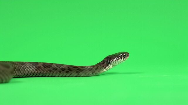 Brown patterned snake with head raised on a vibrant green screen background, ready for chroma key editing.