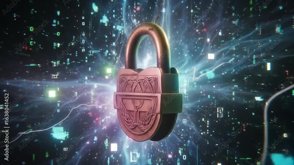 Poster mystic padlock in digital flowing space: data security visualization concept with abstract design el