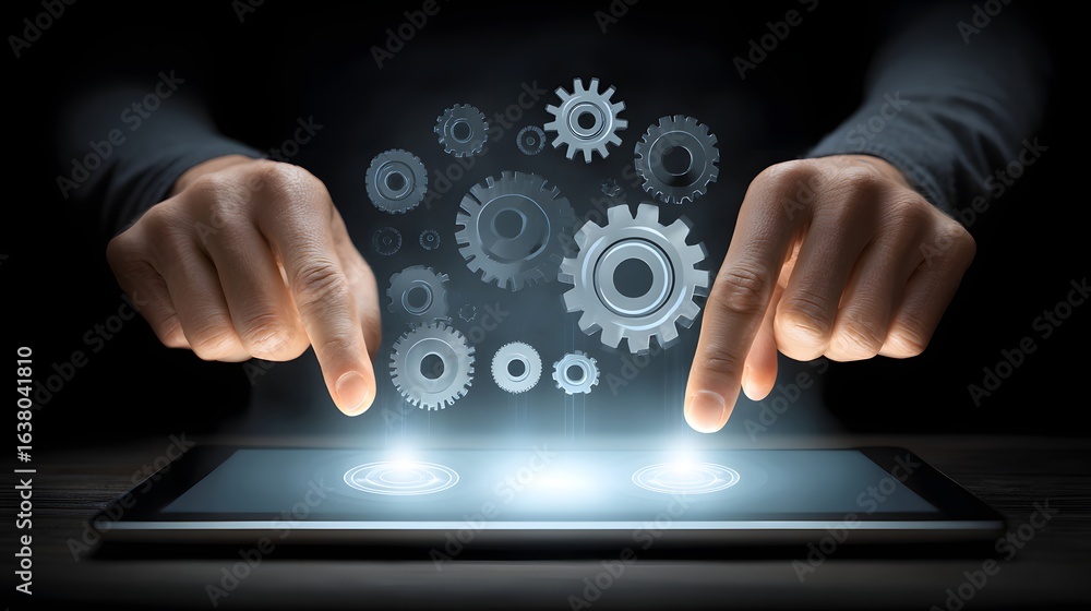 Poster hands interacting with a digital interface displaying gears.