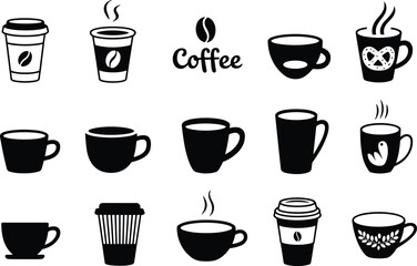 Collection of Coffee Cup Icons for Cafes, Menus, Websites, Marketing Materials, Black and White Vector Design, Beverage Symbols