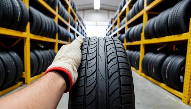 Hand holding a new car tire in a well-stocked warehouse, ready for vehicle maintenance.
