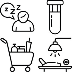A collection of four simple line art icons depicting sleep, a test tube, a medical cart, and a patient on an examination table.