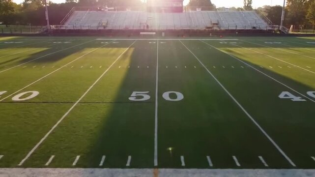 Aerial view of American football field, perfect in morning light