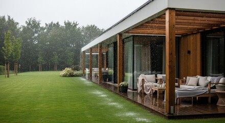Rainy day luxury: A modern house with a wooden terrace in a lush garden during a storm