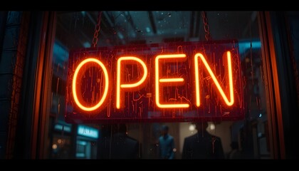 A neon open sign hanging in a window with people reflected in the glass at night in a city scene