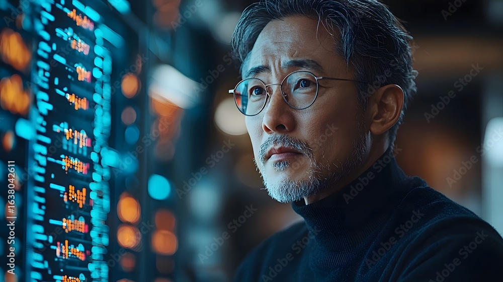 Aufkleber a thoughtful asian scientist analyzing digital data on a computer screen