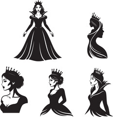 set of silhouettes of royal women Fairytale Princess with Crown | Regal Woman Vector Illustration Full-Body Queen Silhouette | Standing Female Figure with Crown