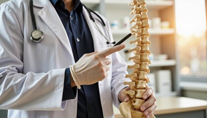 Doctor explaining spine anatomy with a model for chiropractic or orthopedic consultation