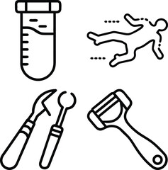 A collection of simple line art icons representing forensic science tools and crime scene elements, including a test tube, chalk outline, and dental instruments.
