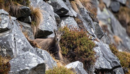 Goral subtly camouflaged on rocks